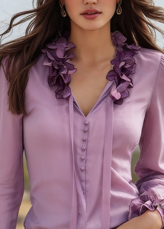 Beautiful Purple V Neck Tie Lace Solid Silk Top Spring