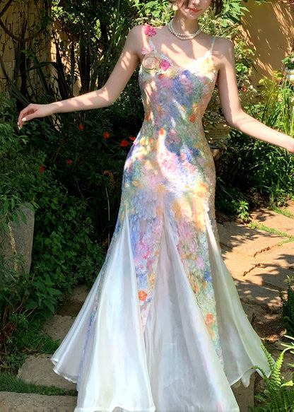 Beautiful Rainbow Floral Maxi Spaghetti Strap Dress Summer