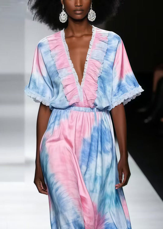 Beautiful Rainbow Ruffled Tie Dye Chiffon Maxi Dress Summer