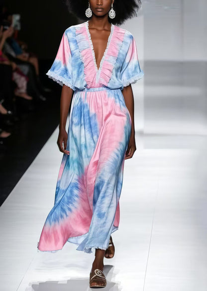 Beautiful Rainbow Ruffled Tie Dye Chiffon Maxi Dress Summer