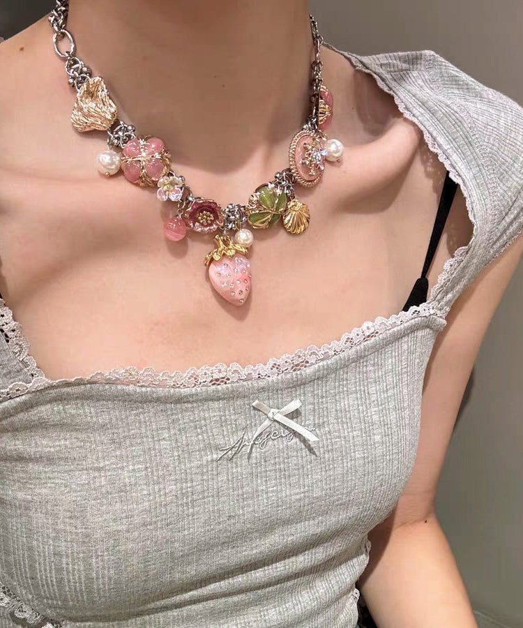 Beautiful Rainbow Stainless Steel Strawberry Sea Of Flowers Pendant Necklace