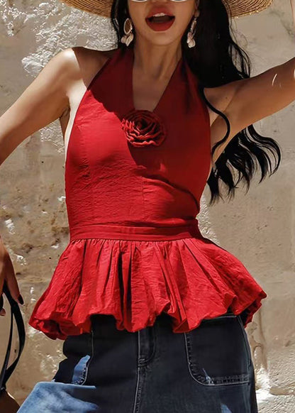 Beautiful Red Backless Floral Cotton Halter Beach Vest Summer