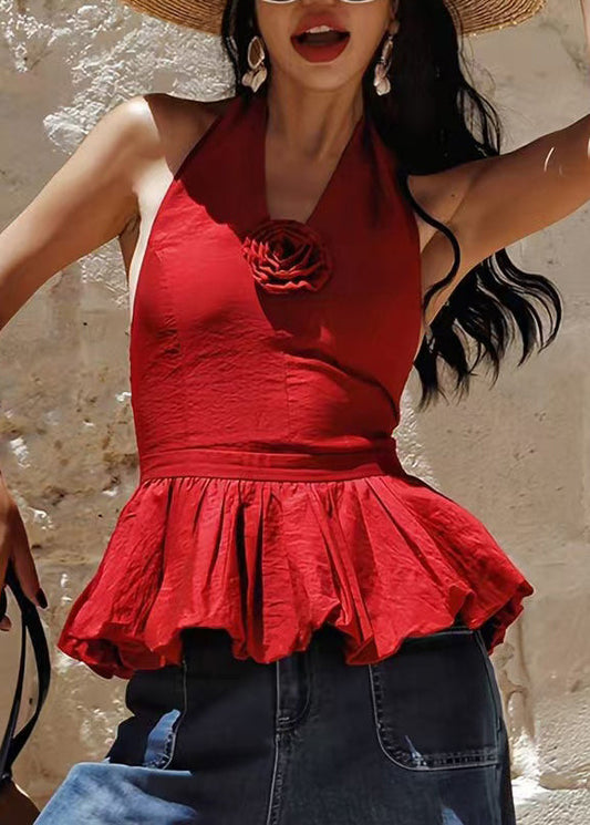 Beautiful Red Backless Floral Cotton Halter Beach Vest Summer