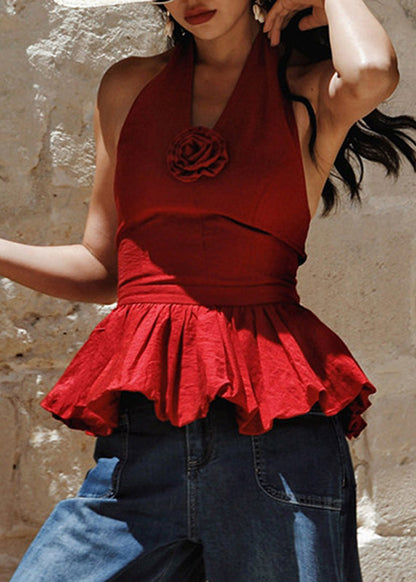 Beautiful Red Backless Floral Cotton Halter Beach Vest Summer