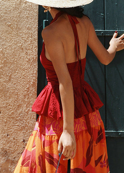 Beautiful Red Backless Floral Cotton Halter Beach Vest Summer