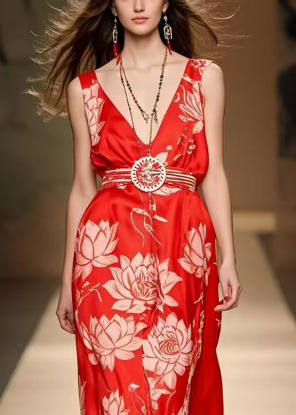 Beautiful Red Cinched Print Silk Cami Dresses Summer