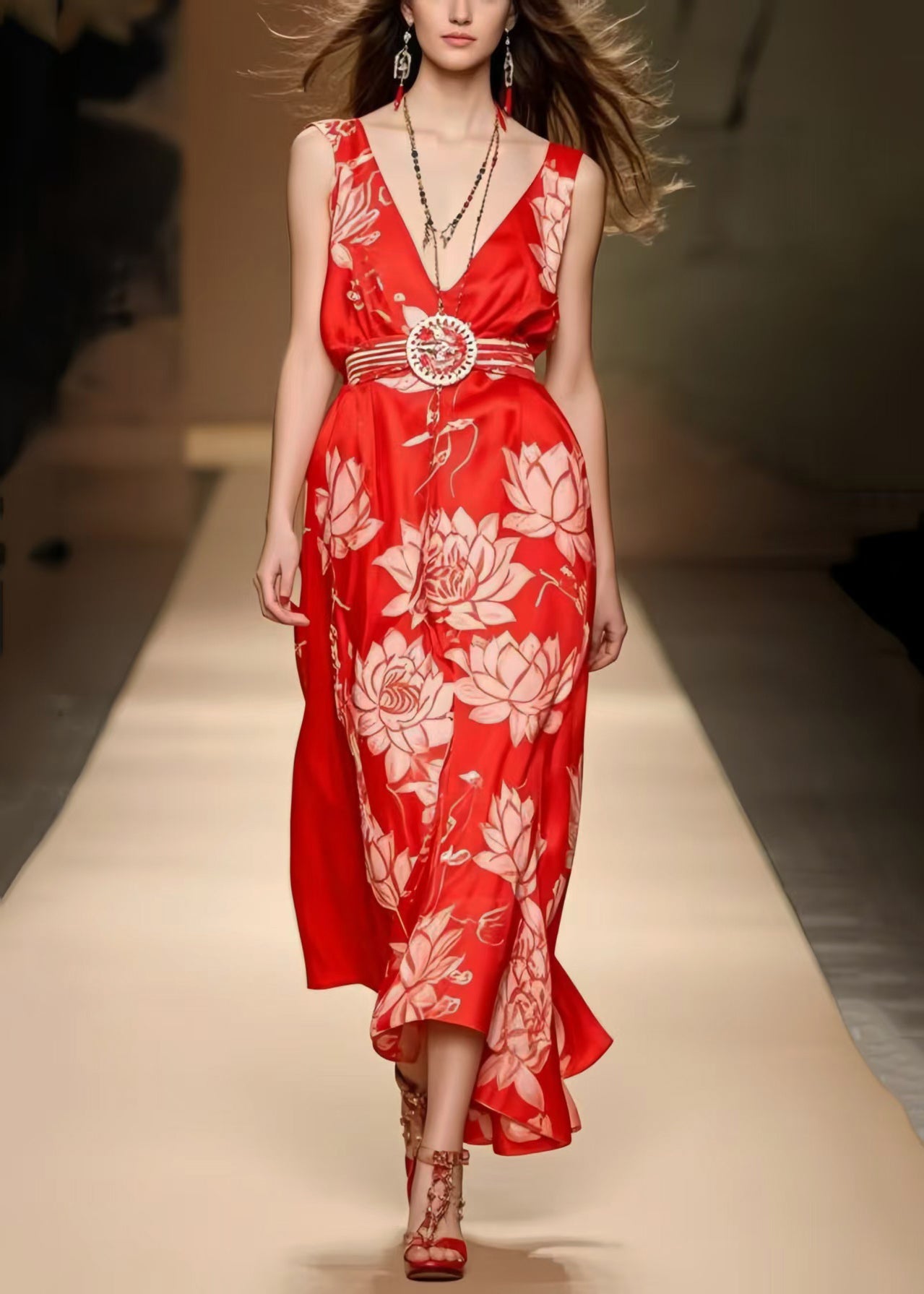 Beautiful Red Cinched Print Silk Cami Dresses Summer