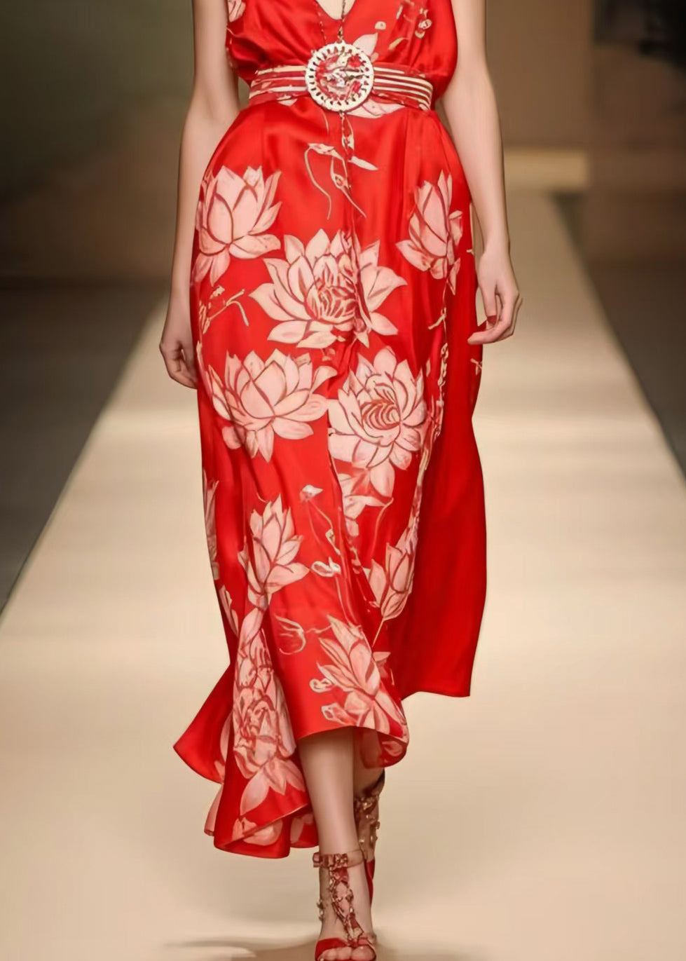 Beautiful Red Cinched Print Silk Cami Dresses Summer