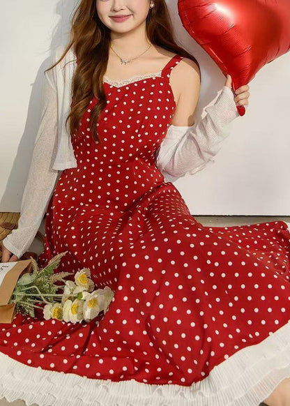 Beautiful Red Dot Lace Patchwork Chiffon Sundress Summer