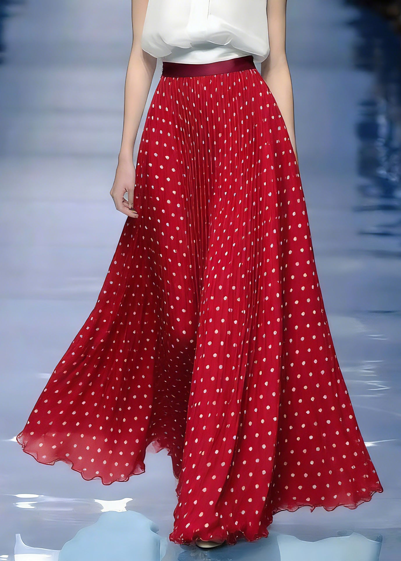 Beautiful Red Elastic Waist Dot Maxi Skirts Summer