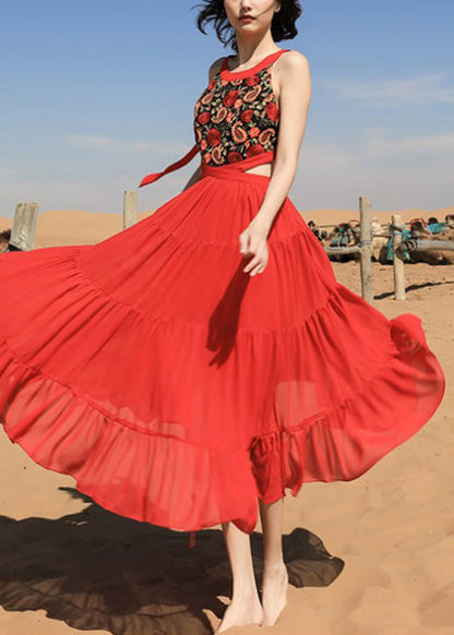 Beautiful Red Embroidered Lace Up Chiffon Long Dress Sleeveless