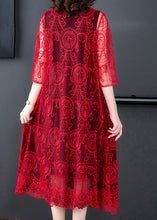 Load image into Gallery viewer, Beautiful Red Floral Hollow Out Solid Tulle Long Coat Half Sleeve