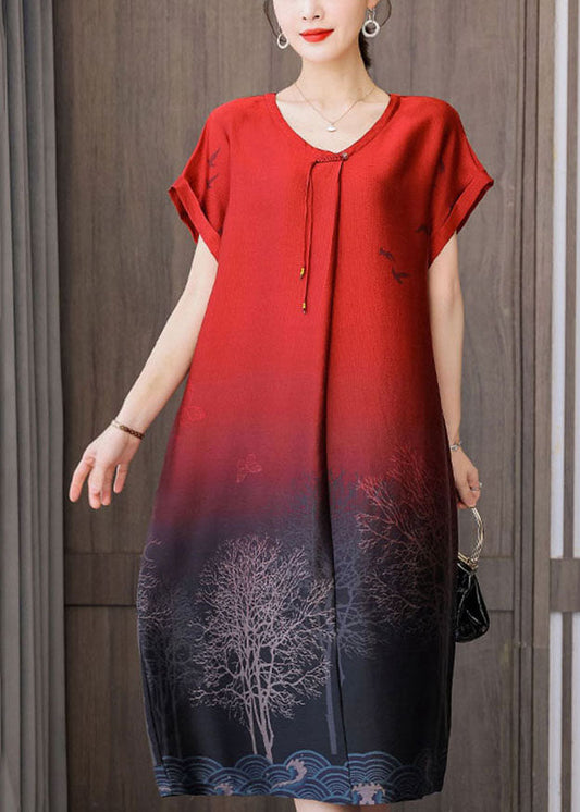 Beautiful Red Gradient Color O-Neck Tassel Print Silk Dresses Short Sleeve