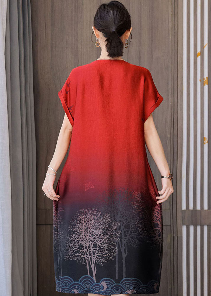 Beautiful Red Gradient Color O-Neck Tassel Print Silk Dresses Short Sleeve