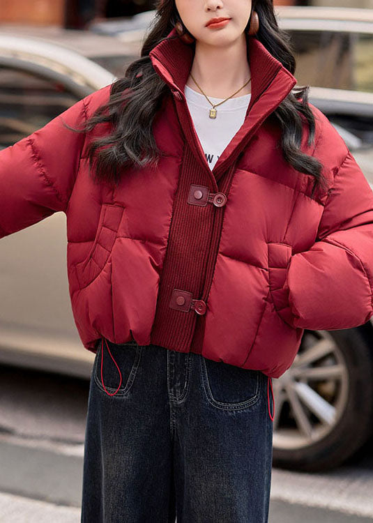 Beautiful Red High Neck Patchwork Drawstring Fine Cotton Filled Puffer Jacket Winter