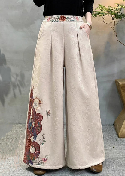 Beautiful Red Jacquard Pockets Warm Fleece Pants Winter