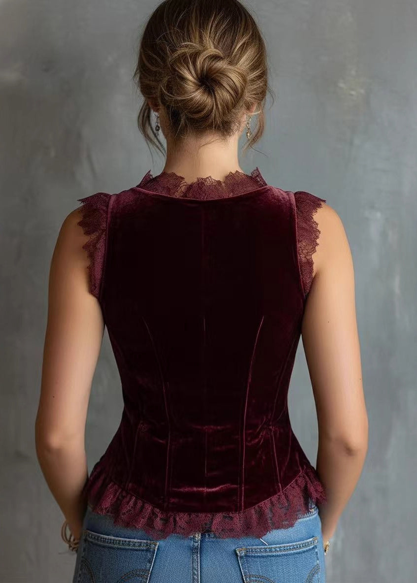 Beautiful Red Lace Patchwork Velour Vest Sleeveless