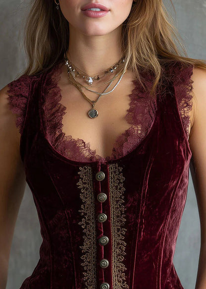 Beautiful Red Lace Patchwork Velour Vest Sleeveless