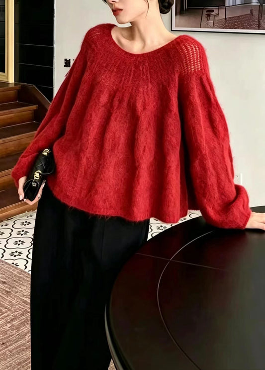Beautiful Red O-Neck Crochet Knit Sweater Tops Lantern Sleeve