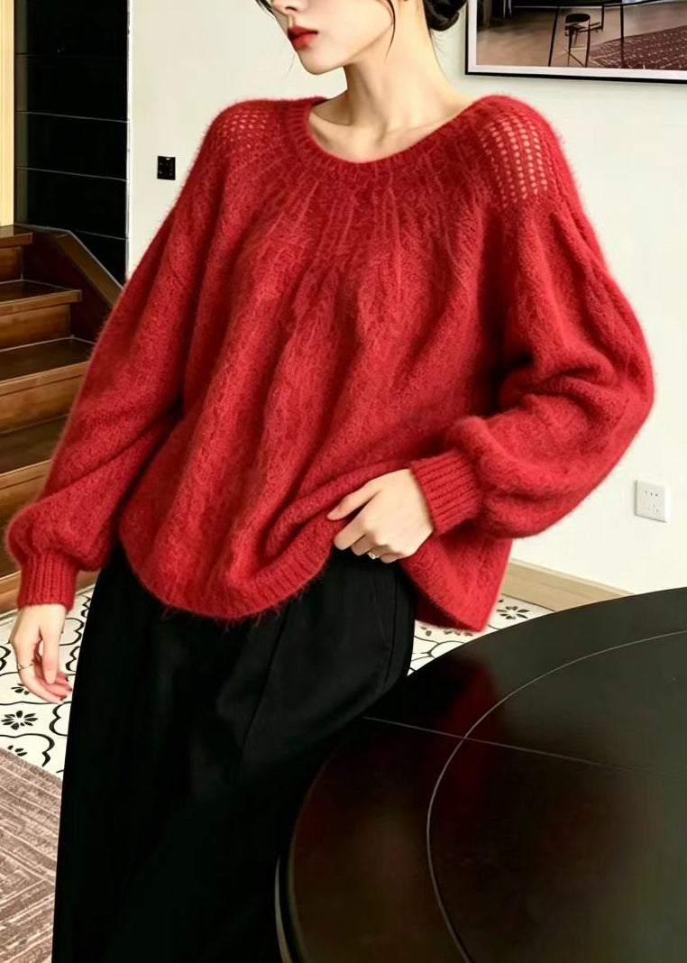 Beautiful Red O-Neck Crochet Knit Sweater Tops Lantern Sleeve