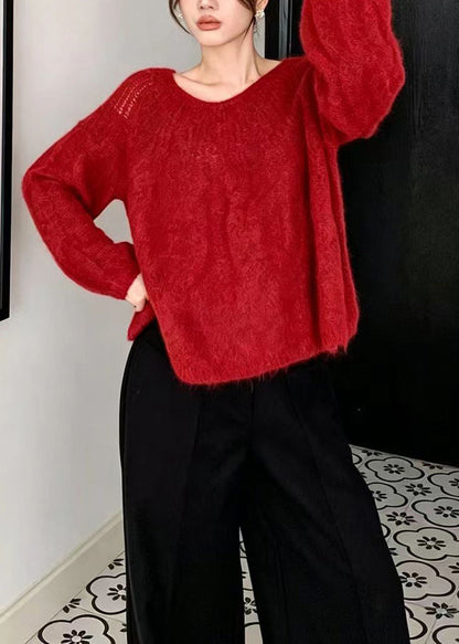 Beautiful Red O-Neck Crochet Knit Sweater Tops Lantern Sleeve