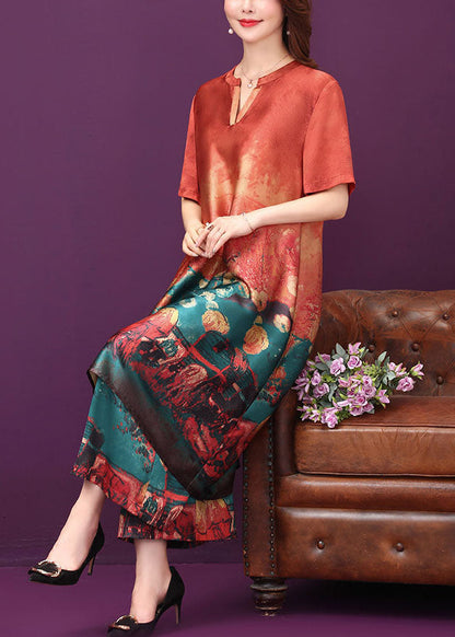 Beautiful Red O-Neck Print Silk Long Dress And Straight Pant Two Piece Set Summer