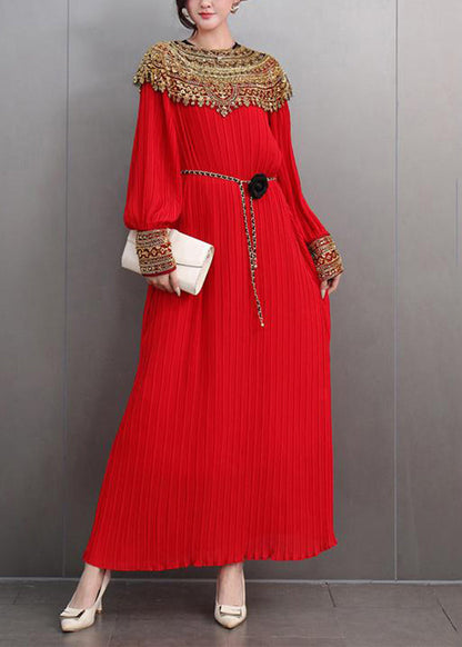 Beautiful Red Patchwork Slim Party Long Dress Lantern Sleeve