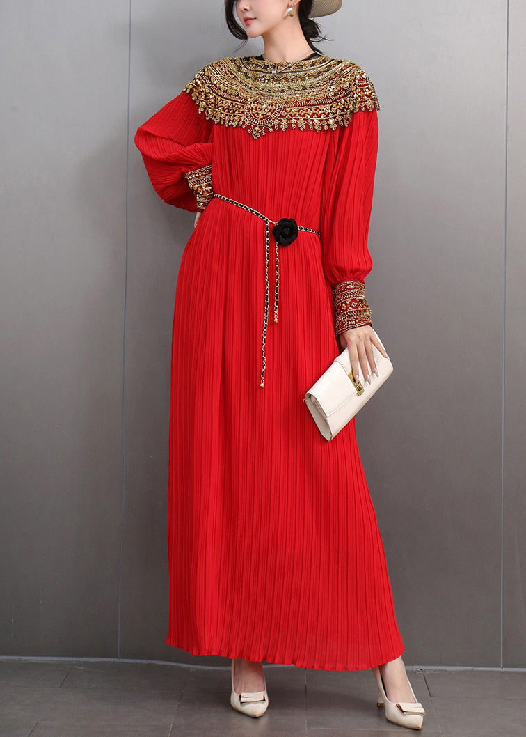 Beautiful Red Patchwork Slim Party Long Dress Lantern Sleeve