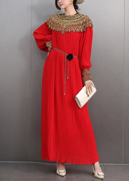 Beautiful Red Patchwork Slim Party Long Dress Lantern Sleeve