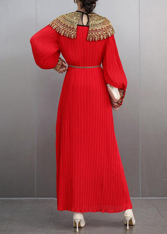 Beautiful Red Patchwork Slim Party Long Dress Lantern Sleeve