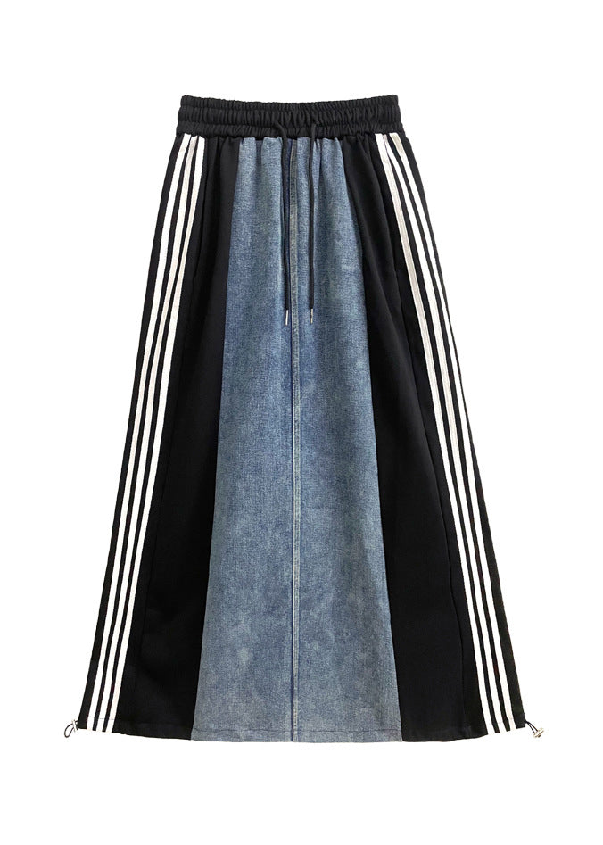 Beautiful Red Pockets Striped Patchwork Denim Skirts Summer