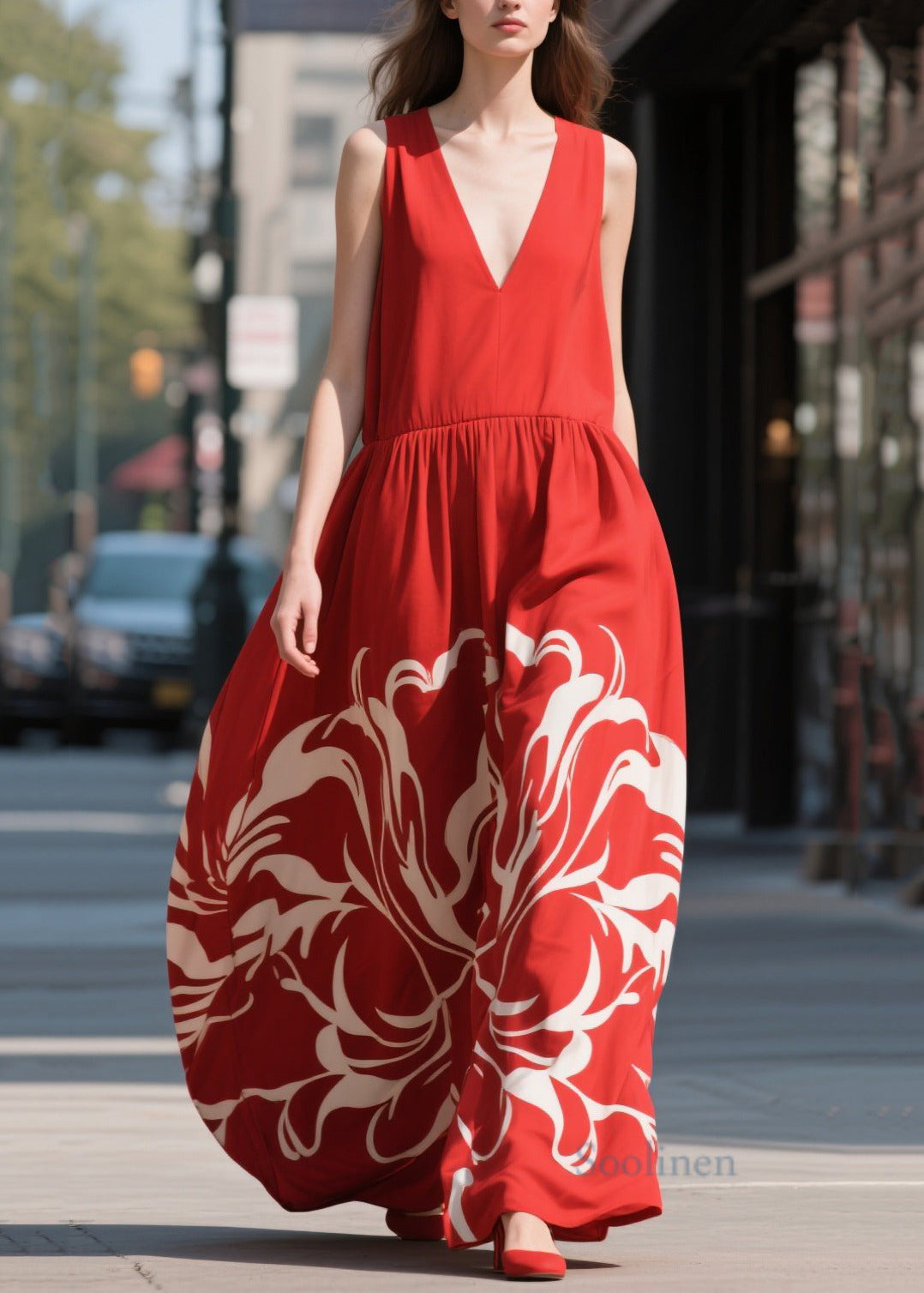 Beautiful Red Print Chiffon Beach Dress Summer
