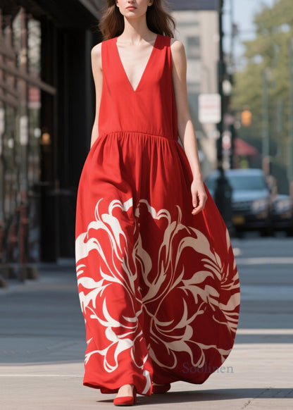 Beautiful Red Print Chiffon Beach Dress Summer