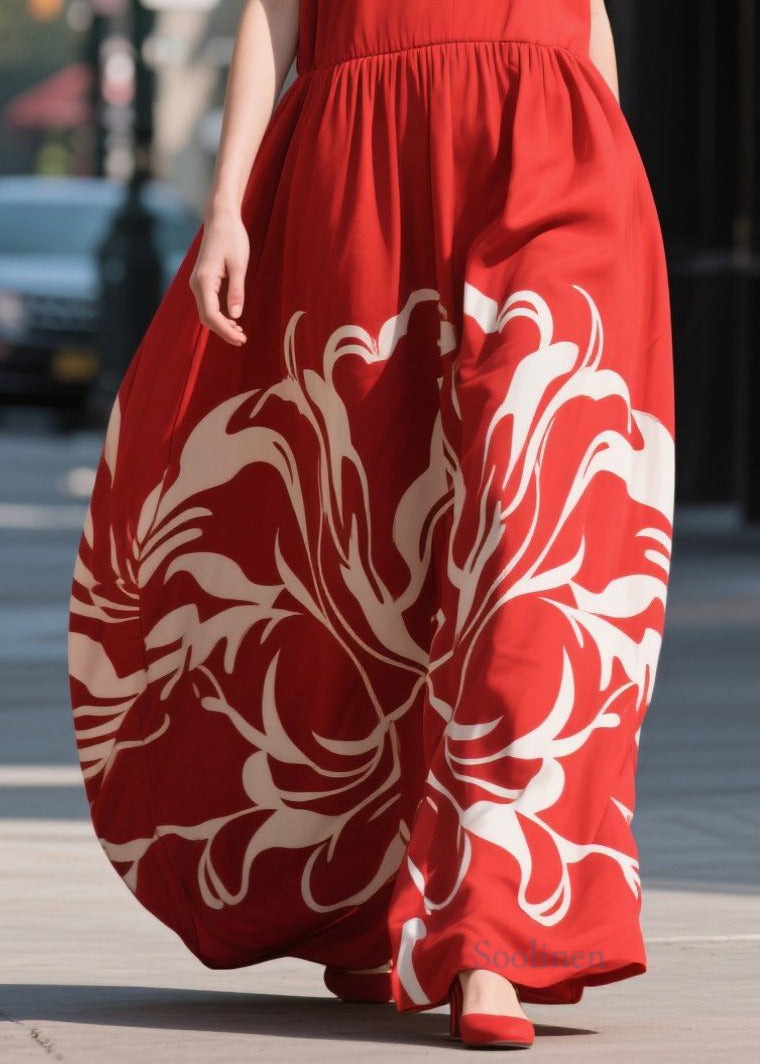 Beautiful Red Print Chiffon Beach Dress Summer