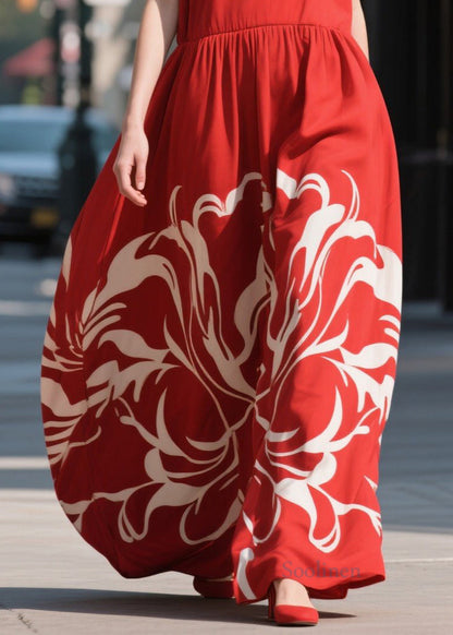 Beautiful Red Print Chiffon Beach Dress Summer