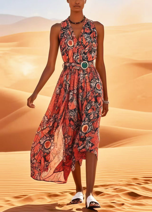 Beautiful Red Print Cotton Tunic Dress Sleeveless