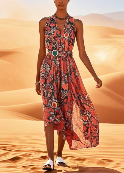 Beautiful Red Print Cotton Tunic Dress Sleeveless