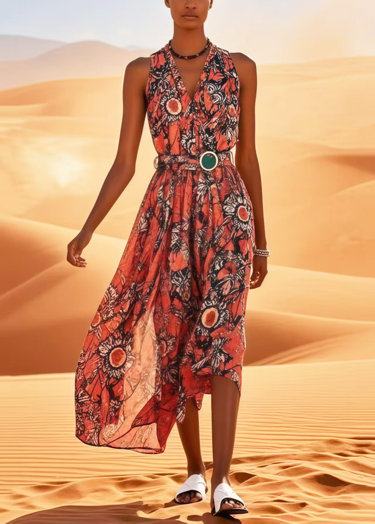 Beautiful Red Print Cotton Tunic Dress Sleeveless