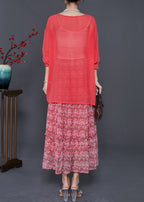 Beautiful Red Print Exra Large Hem Chiffon Two Piece Set Summer