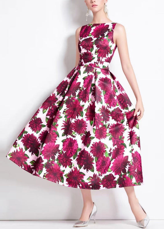 Beautiful Red Print High Waist Cotton Long Dresses Sleeveless