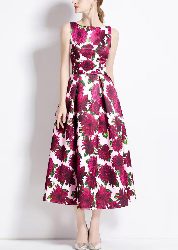 Beautiful Red Print High Waist Cotton Long Dresses Sleeveless