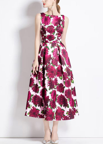 Beautiful Red Print High Waist Cotton Long Dresses Sleeveless