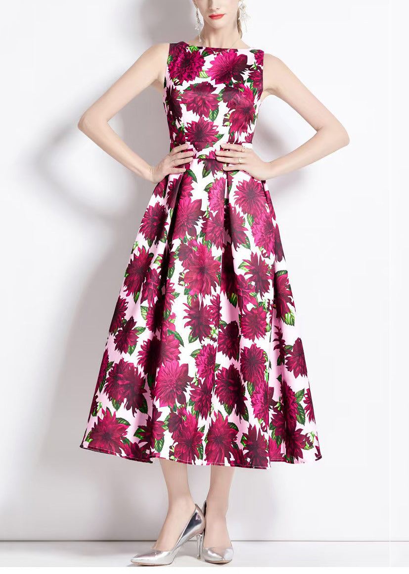 Beautiful Red Print High Waist Cotton Long Dresses Sleeveless