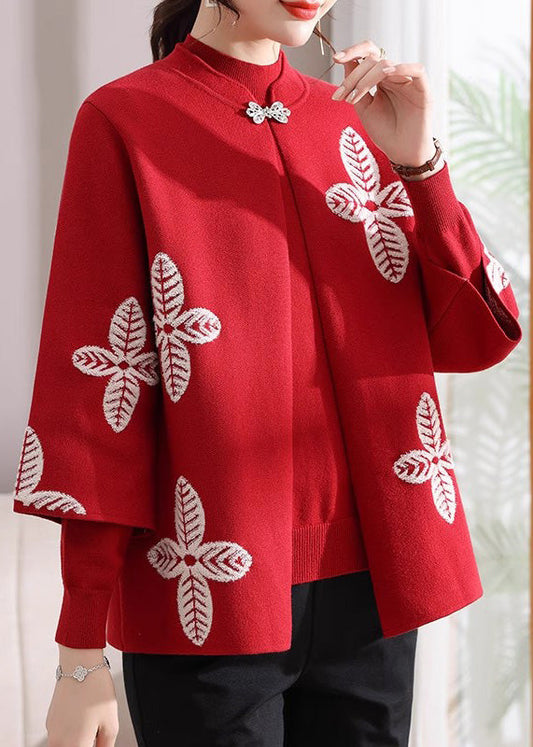 Beautiful Red Print Knit Cardigans And Sweaters Two Pieces Set Spring