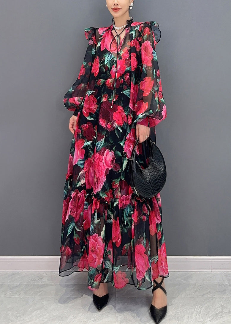 Beautiful Red Print Lace Up Chiffon Long Dress Lantern Sleeve