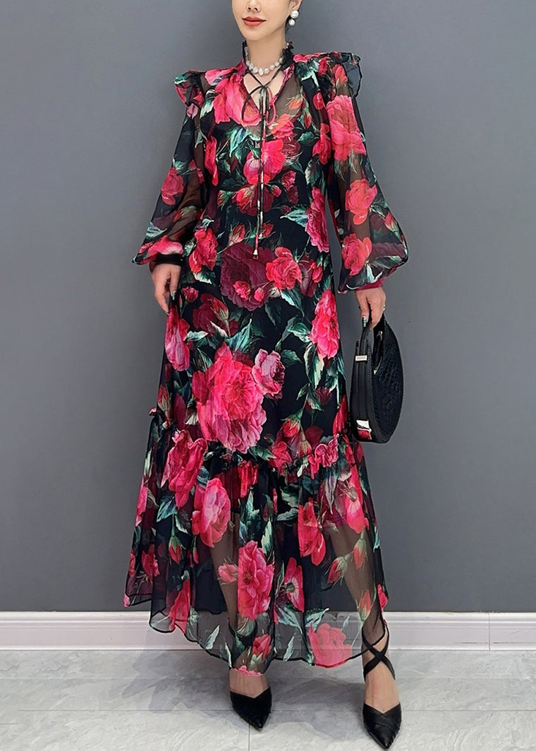 Beautiful Red Print Lace Up Chiffon Long Dress Lantern Sleeve