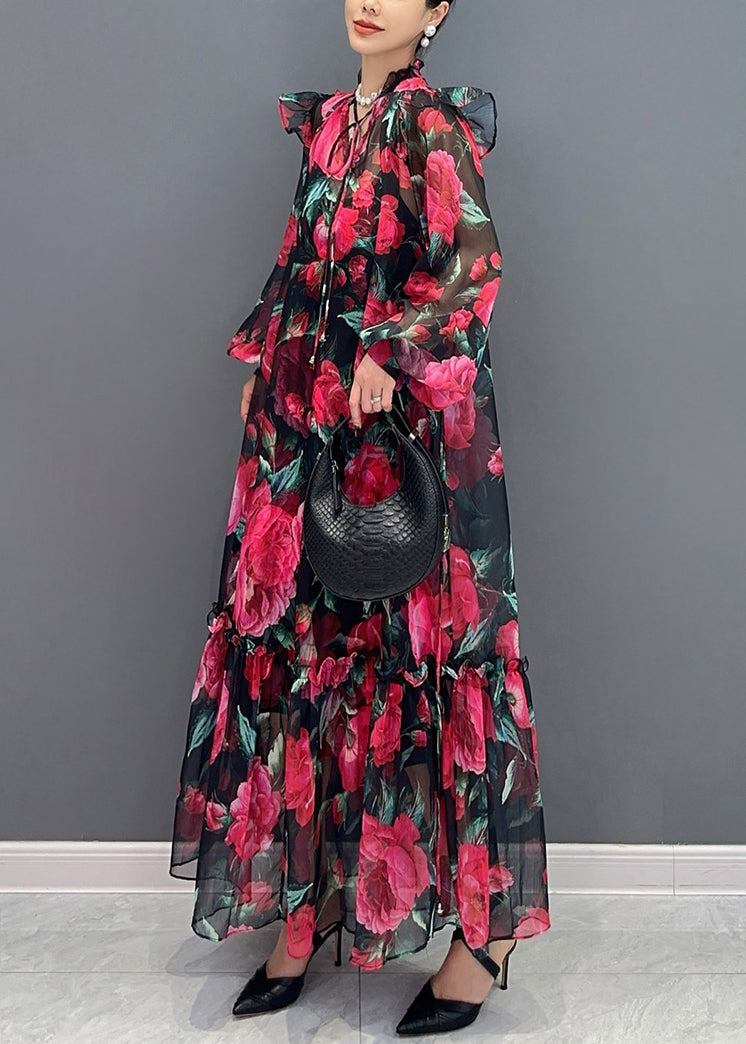 Beautiful Red Print Lace Up Chiffon Long Dress Lantern Sleeve