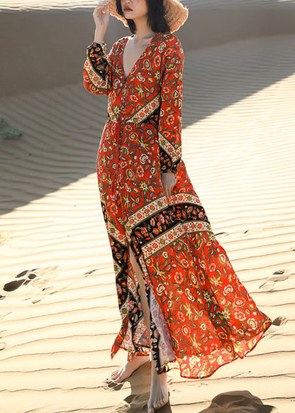 Beautiful Red Print Lace Up Pockets Long Dress Fall