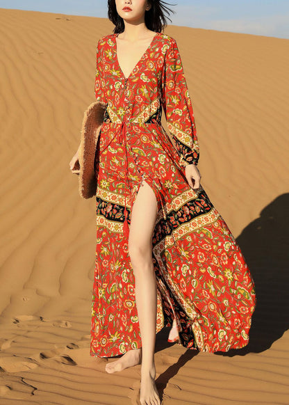 Beautiful Red Print Lace Up Pockets Long Dress Fall