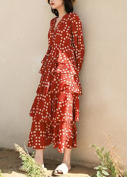 Beautiful Red Ruffled Dot Chiffon Long Dresses Spring